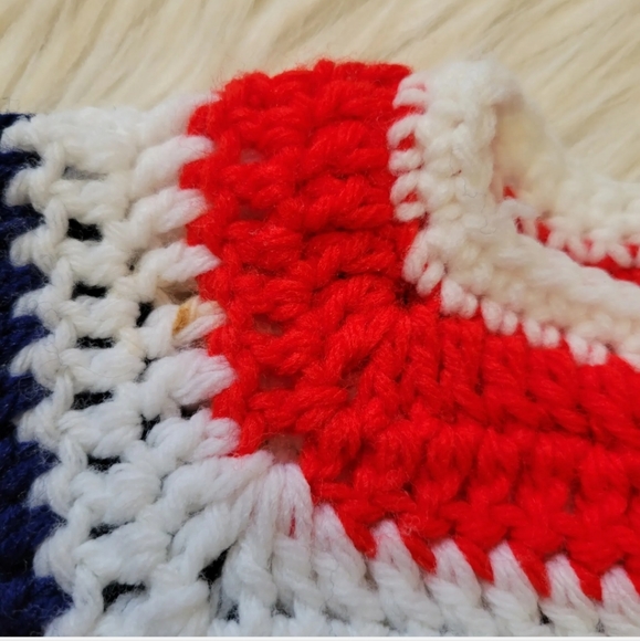 VTG 60's CROCHET KNIT Afghan Coat Cardigan Handmade Patriotic Red White Blue M/L - Picture 7 of 7